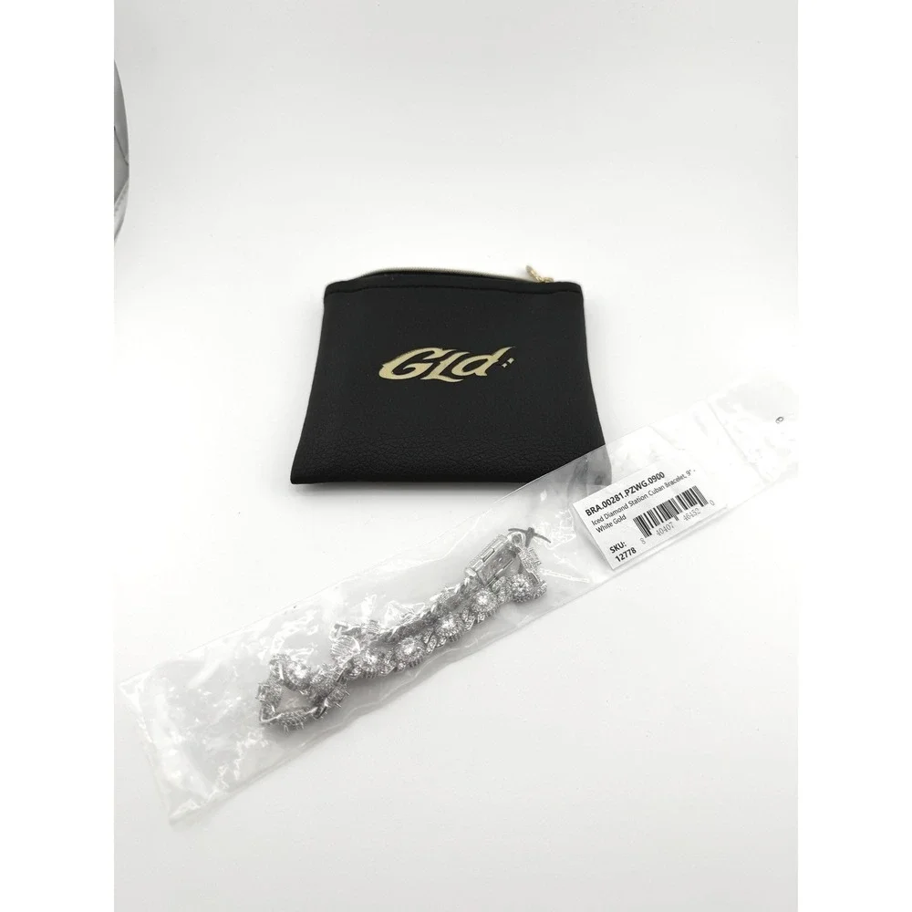 GLD Shop Iced Diamond Station Cuban Bracelet 9 Inch White Gold Plated